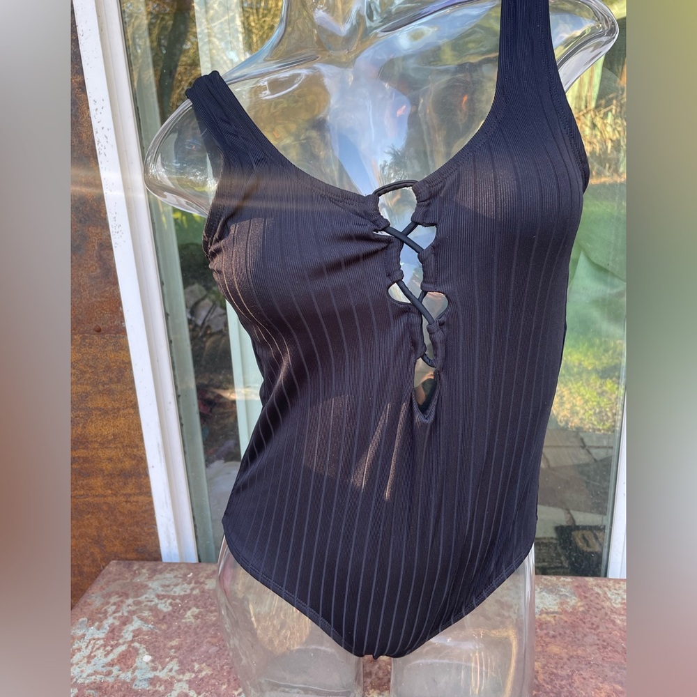 Kona Sol Black Ribbed Lace-Up Bathing Suit
